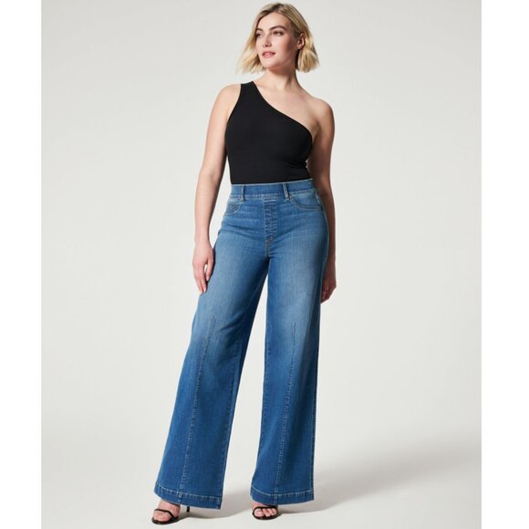 Spanx Seamed Front Wide Leg Jeans, Vintage Indigo in Blue Size XL - Picture 1 of 11